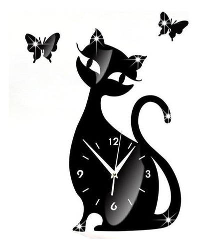 Reloj De Pared Con Espejo De Gato Negro, Diseño Moderno, Dec