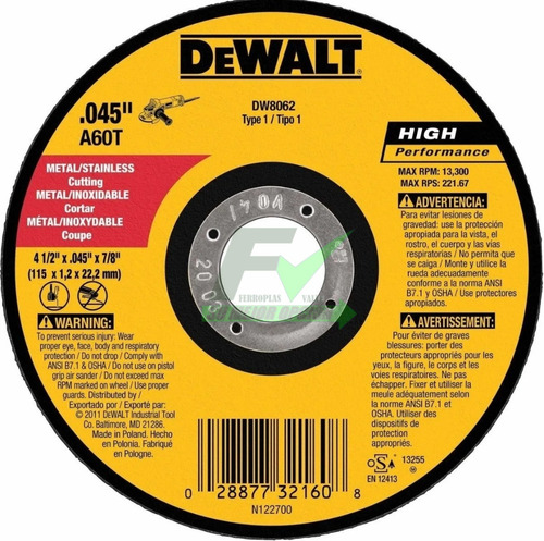 Disco De Corte Metal Dewalt 4 1/2 Fino X 25 Unidades 