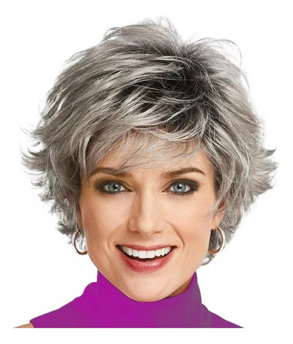 . Ff Peluca Degradada For Mujer, Corta Y Desordenada, Gris