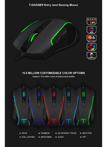 Mouse T-dagger Gamer Private 3200 Dpi 6 Botones