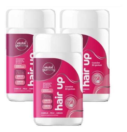 3x Hair Up Gummy -30 Gomas Morango- Com Biotina E Vitaminas