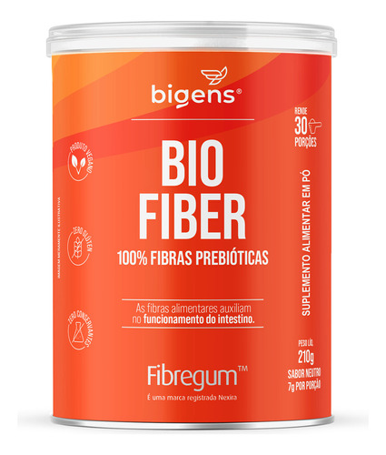 Bio Fiber, 100% Fibra Solúvel Prebiótica, Fibregum, Goma Acácia, 210g, Biogens