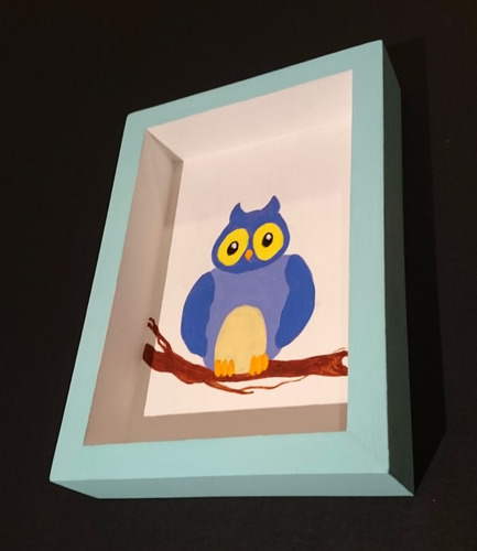 Cuadro Infantil De Diseño Original Pintado A Mano: Búho Azul