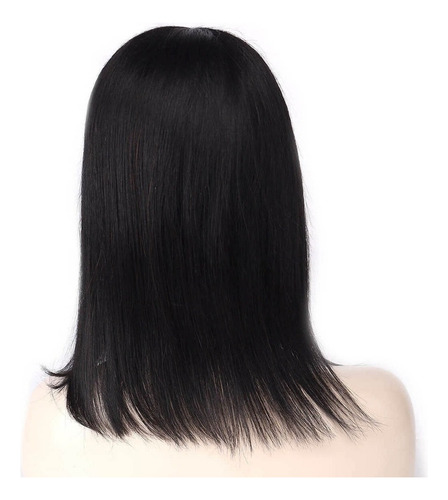 . Peruca Lisa Sem Franja, Cabelo Humano Preto, 40 Cm