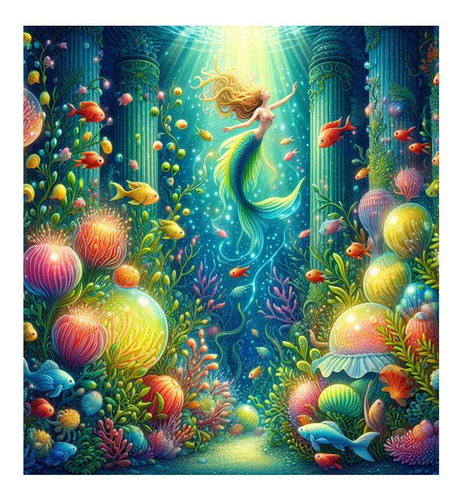 Vinilo 100x100cm Sirena Fantasia Fondo Mar Pez Corales M2