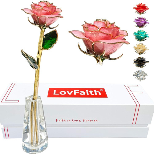 Lovfaith Rosa Real Bañada En Oro De 24 Quilates Con Soporte 