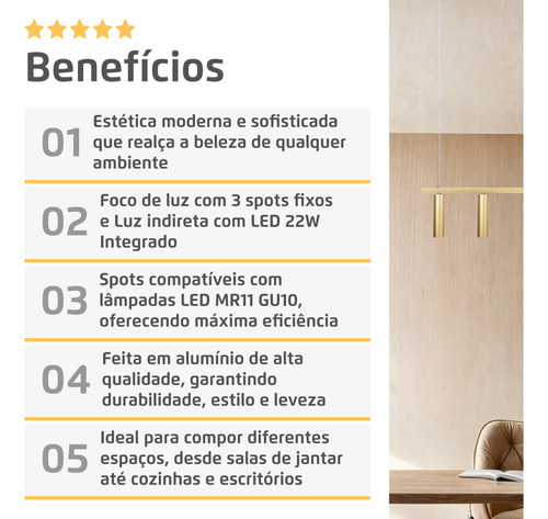 Lustre Pendente Moderno Turn Perfil Dourado 100cm Iluminação Sofisticada com LED Integrado