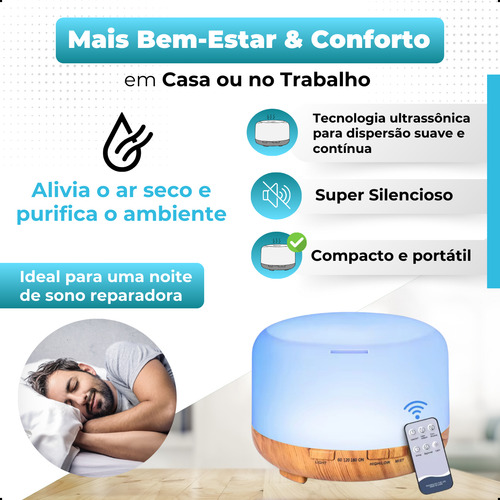 Umidificador Aromatizador Elétrico Led 7 Cores Difusor Óleos Essenciais Com Controle E Função Timer