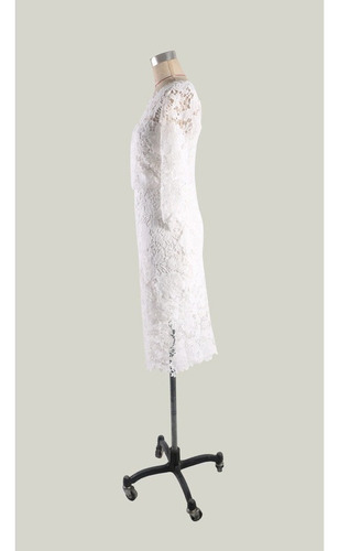 Ch Vestido Tubo Ajustado Encaje Guipur Liso Manga Larga Con