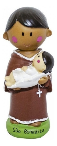 São Benedito Desenho Infantil Em Resina 14 Cm Cor Marrom/branco E Verde