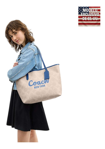 Bolsa Coach De Mano City Tote Bag Crossbody Azul Y Arena Marrón Claro Pechera Coach, Riñoneras, Neceser, Mariconera, Mochila Mujer, Mochila De Hombro, Mochila Viajera, Sobaquera,