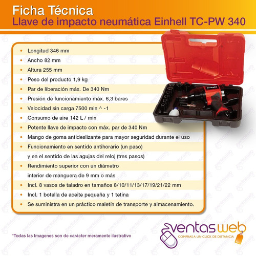 Imagen 5 de 6 de Llave De Impacto Neumatica Einhell 340 Nm Accerios Y Maletin