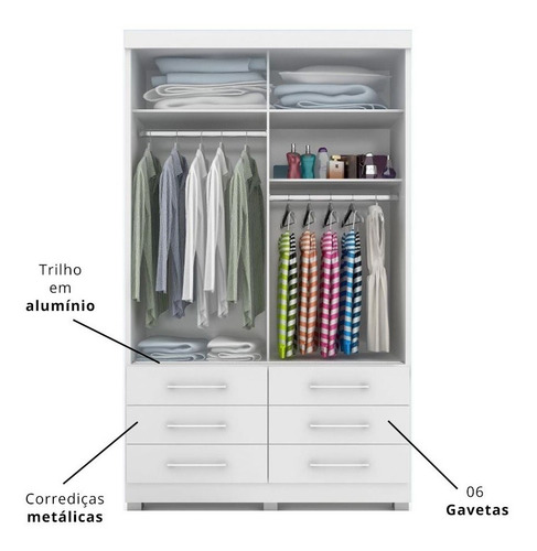 Guarda Roupas Cairo Solteiro 2 Portas De Correr E 6 Gavetas