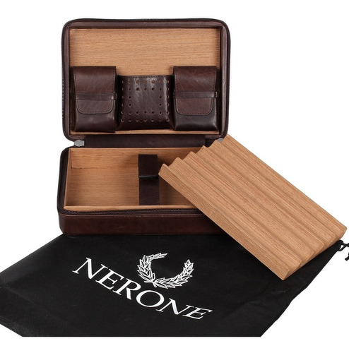 Porta Charutos Nerone Travel Case Umidor Couro Vintage Marro