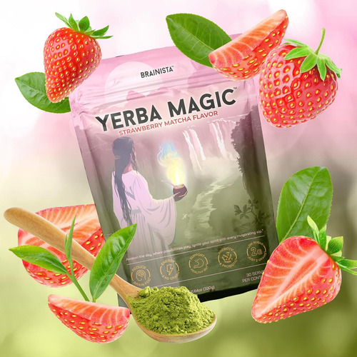 Elfleaf Yerba Magic Suplementos, Yerba Mate Pura 3 En 1 Suplemento Nutricional,contiene Prebióticosnootropics Y Probióti Antiniebla Cerebral Y Salud Intestinal Sabor Matcha Fresa 30raciones 330g