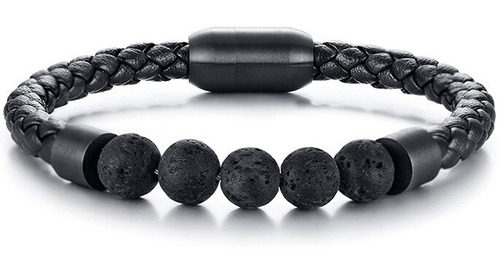 Pulsera Acero Inoxidable Cuero Iman Piedra Volcanica 