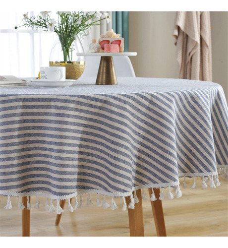 Mantel Redondo A Rayas Con Borla, Mantel De Comedor