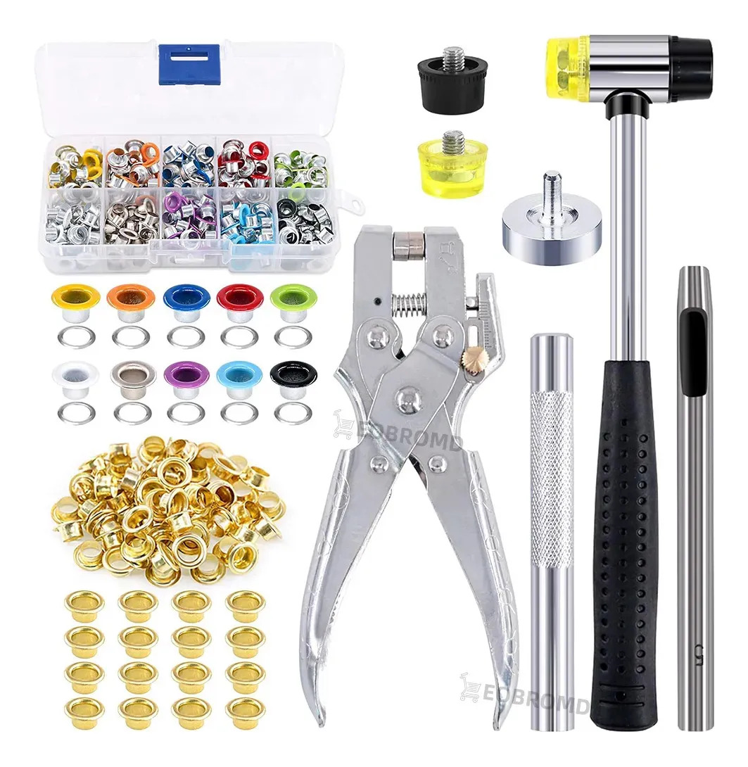 Eobromd 306 Piezas De Ojales De Metal De 10 Colores De 3/16 Pulgadas Con Herramientas De Instalación,alicates De Perforación De Ojales Y Mazo Suave Con 100 Pz De Ojales Dorados