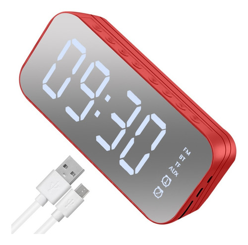 Reloj Despertador Digital Con Bocina Bluetooth Radio Espejo Color Rojo