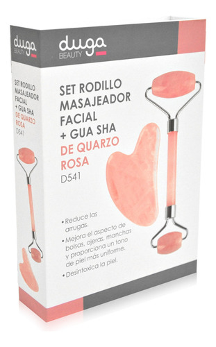 Duga Rodillo Masajeador Facial + Gua Sha De Cuarzo Rosa D541 Rosa Pálido