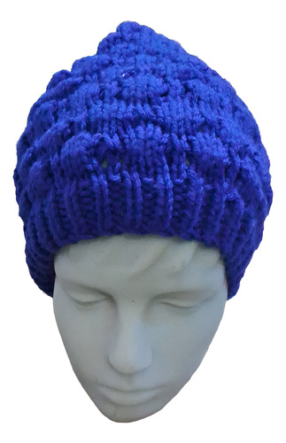 Gorro De Lana Tejido A Mano - Artesanal Azul Francia Unico Punto Burbuja