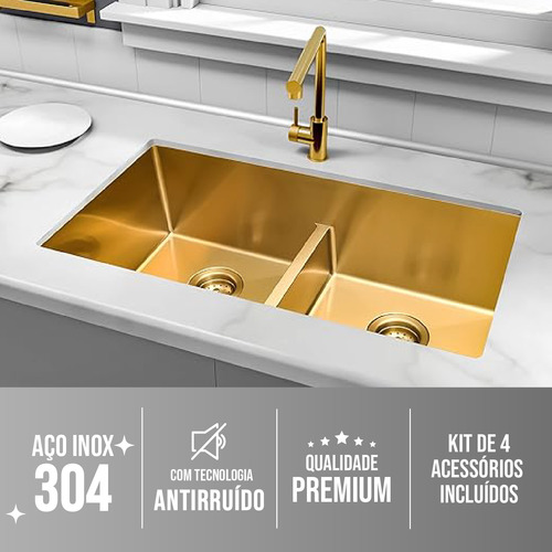 Cuba Cozinha Gourmet Aço Inox Dupla Quadrada Dourado Gold