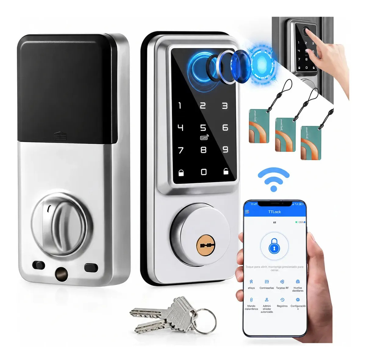 LOKOOY Cerradura Inteligente 5 en 1 Compatible Con TTLOCK, Huella Dactilar, Código de Acceso, Tarjeta y Llave Mecánica. Cerradura Seguridad Plateado. Cerradura Digital Apto Para Pu