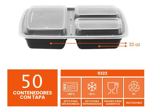 Recipiente Hermético Prep Alimentos Divisiones 50 Pz Topper Negro