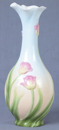 Florero De Tulipán De Porcelana Esmaltada Azul Y Rosa De 10,