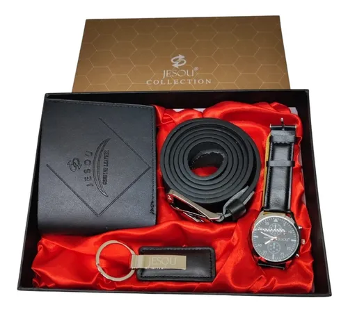 Set Para Hombre Billetera + Reloj +correa + Llavero Estuche