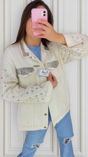 Campera De Jean Con Strass Y Perlas Brillos Customizada Dama