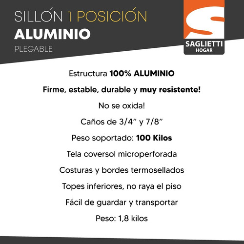 Imagen 3 de 10 de Reposera Sillon 100% Aluminio Playa Camping Pesca Posta X2