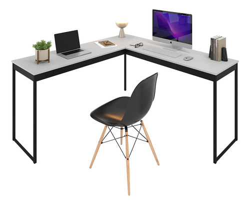 Mesa De Canto Em L Branco Com Ripas Preto Para Home Office/ Escritório Estrutura Em Ferro E Design Industrial