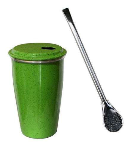 Imagem 1 de 1 de Kit Tereré: Copo Térmico E Bomba Metal Verde - Gastrobel