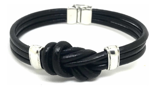 Pulseira Joia Masculina Nó Couro Preto Prata Lei Maciça 925