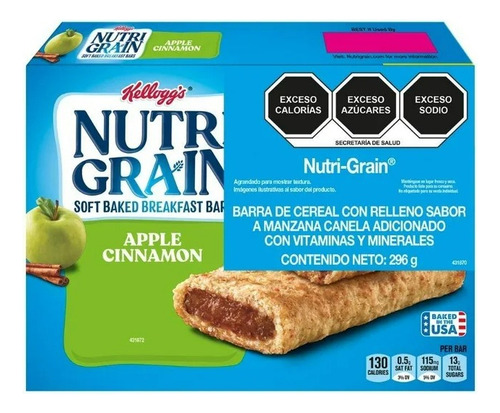 2 Pza Barra De Cereal Kellogg's Nutrigrain Apple Cinnamon 8