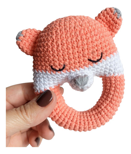 Sonajero + Portachupete Tejido Crochet - Regalo Bebé Coral Claro Y Blanco Zorro