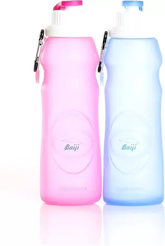 2 botellas de agua plegables de silicona, 16 onzas, portátil, plegable,  expandible, botella de agua deportiva con mosquetón, a prueba de fugas, sin