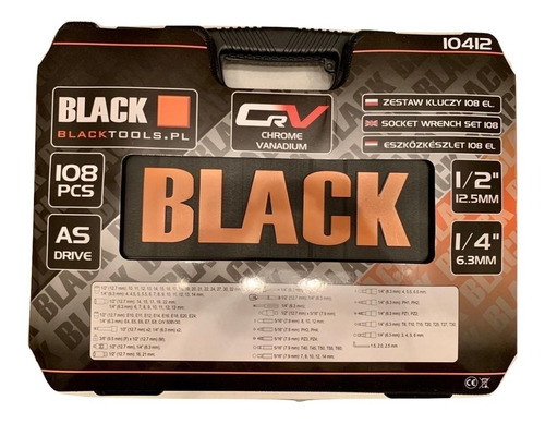 Caja Set Juego De Tubos Bocallaves 108 Piezas 1/2 1/4 Herramientas Tubo Y Puntas Black