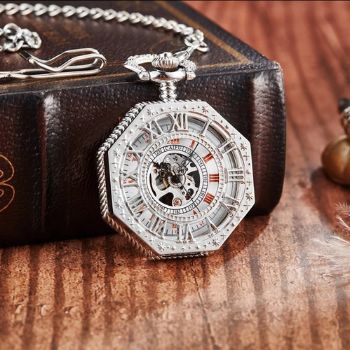 Reloj De Bolsillo Mecánico Silver Esfera De Números Romanos.