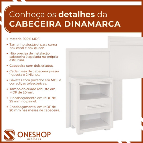 Cabeceira De Cama Ajustavel Queen Casal Com Criado Mudo 100% Mdf Gavetas Dinamarca Branco