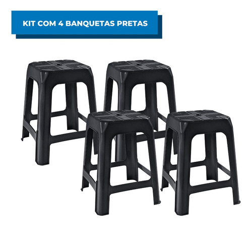 Kit C/4 Banquetas Banco Banquinho Preto Empilhável Reforçado