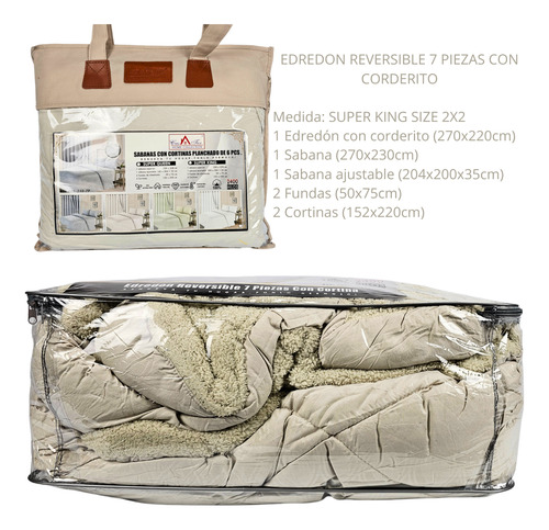 Edredón Reversible 7 Piezas Tamaño King Size 2x2 Beige Liso