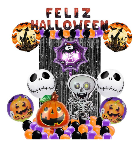 Set Globos Feliz Halloween Esqueleto Calabaza Telaraña Jack