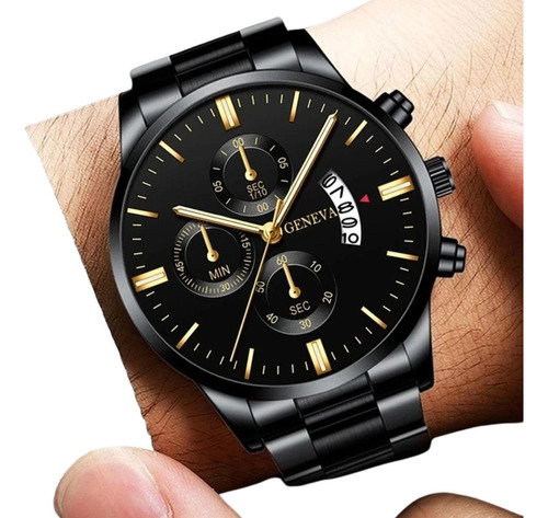 Relógio Masculino Geneva Black Motion Aço Preto Dourado