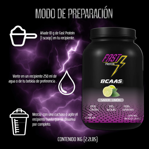 Aminoácidos Bcaas Fast Protein 1 Kg Sabores 100 Servicios Limón