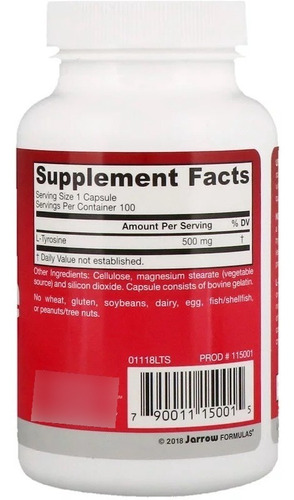 L Tirosina 500 mg Jarrow 100 cápsulas importadas de EE. UU.