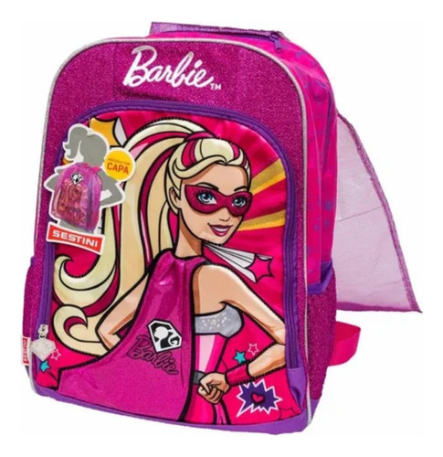 Mochila Escolar Infantil Costas Reforçada Barbie Com Capa Cor Rosa-chiclete