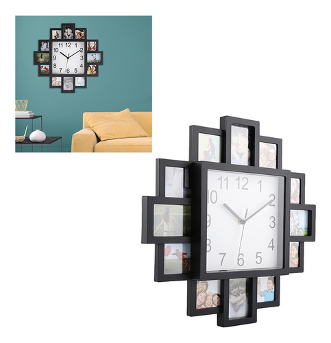 Reloj De Pared De Plástico 2 En 1 Con Marco De Fotos Negro P