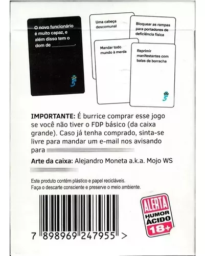 Jogo de cartas fdp 5 foi de proposito baralho expansão buró